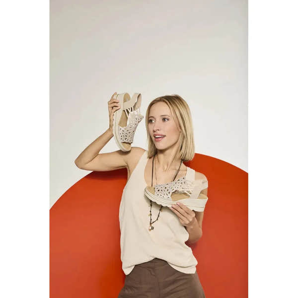 Rieker 67465-62 beige elasticated ladies' sandals, stylish open-toe design with cutout details, perfect for summer wear.
