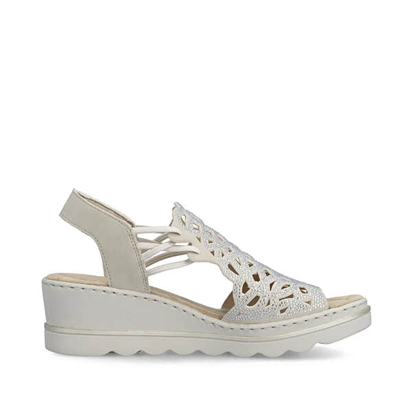 Rieker 67465-62 beige women's elasticated wedge sandals with intricate cut-out design and comfortable platform sole.