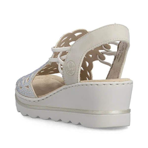 Rieker 67465-62 women's beige elasticated open-toe wedge sandals with cutout design and lace-up straps.