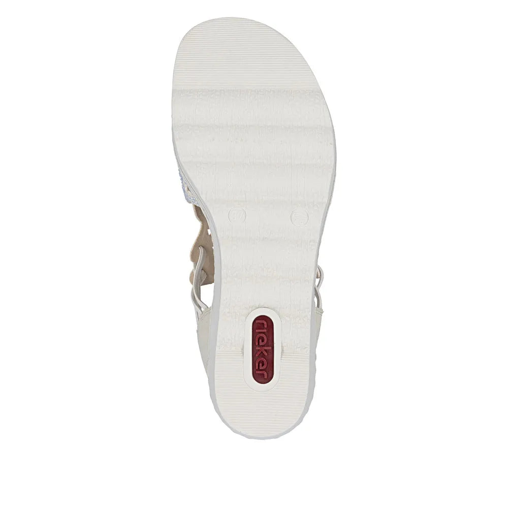 Rieker 67465-62 ladies beige elasticated sandals, cushioned sole, open-toe design, and slip-on style for comfortable summer wear.