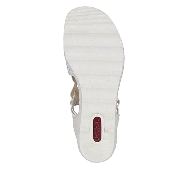 Rieker 67465-62 ladies beige elasticated sandals, cushioned sole, open-toe design, and slip-on style for comfortable summer wear.