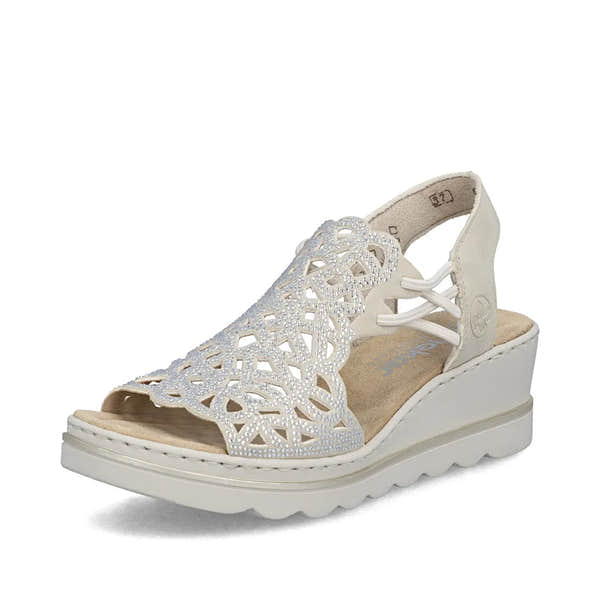 Rieker 67465-62 women's beige lace-up elasticated sandal with cushioned insole and wedge heel.