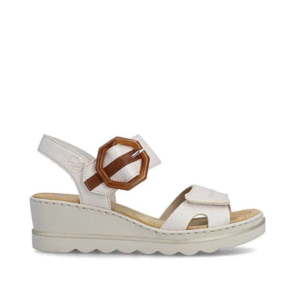 Rieker 67476-91 women's off-white touch fastening sandal with adjustable buckle strap and wedge sole.