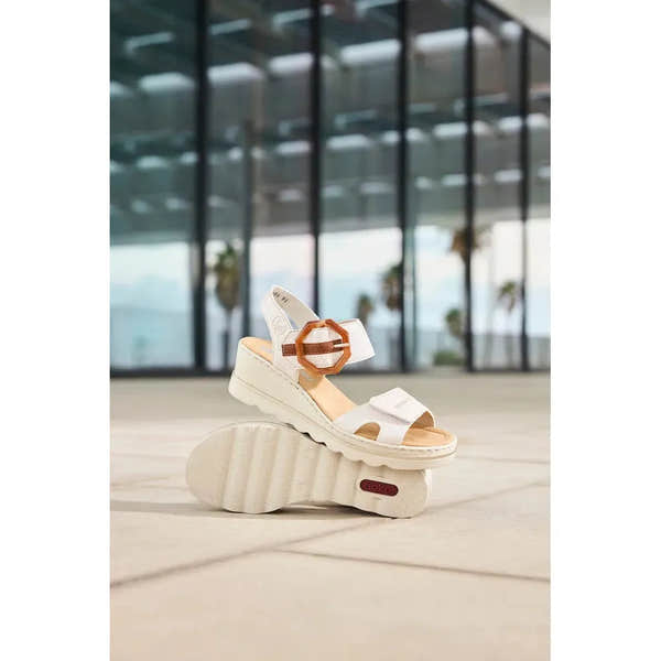 Rieker 67476-91 ladies off-white touch fastening sandals with chunky sole, open toe, and adjustable buckle strap.