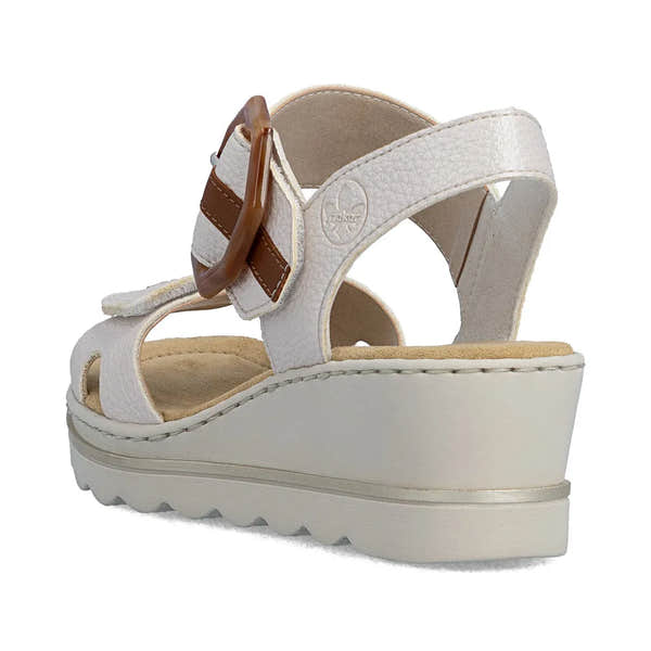 Rieker 67476-91 women's off white touch fastening wedge sandals with brown buckle detail.