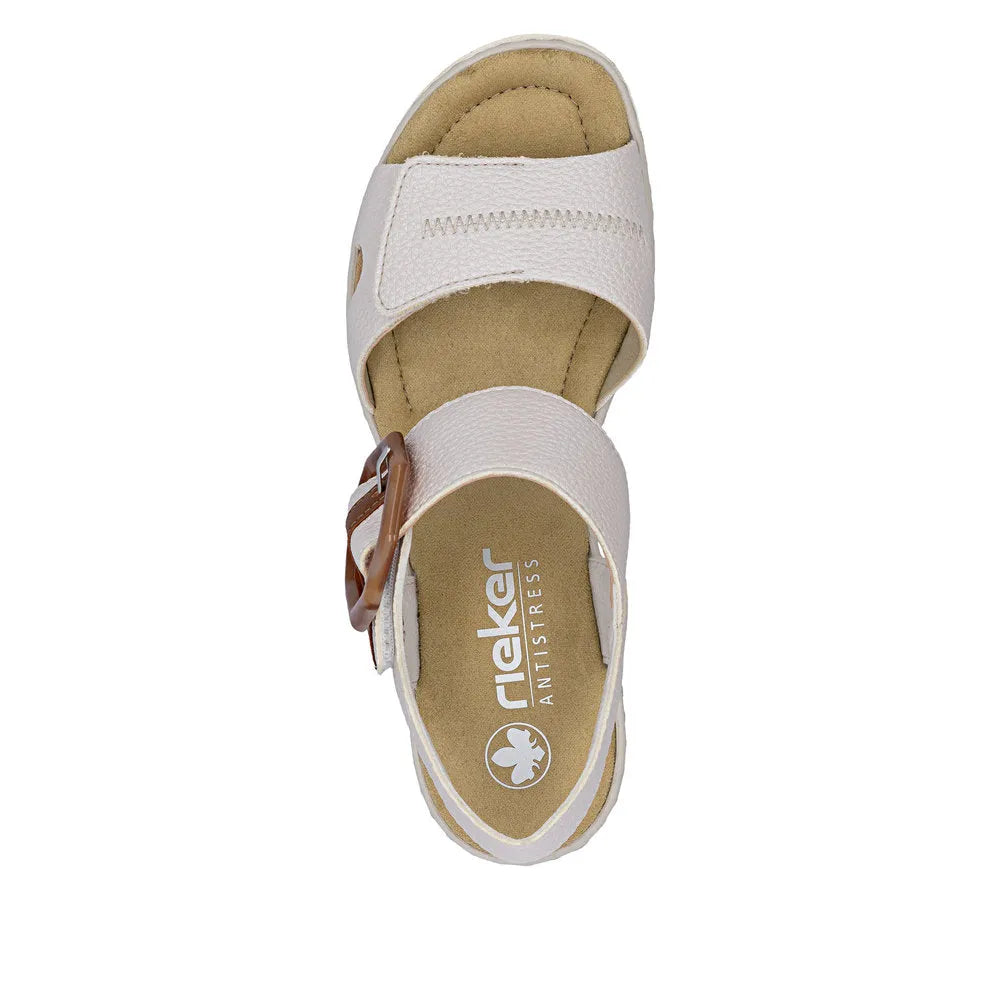 Rieker 67476-91 Ladies Off-White Touch Fastening Sandals with ankle strap and buckle closure.