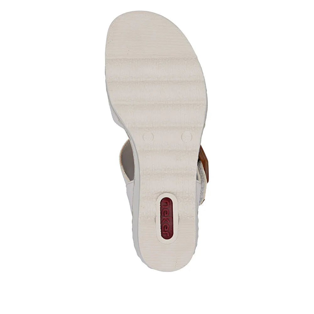 Rieker 67476-91 ladies off-white touch fastening sandals, cushioned sole, back view with red logo.