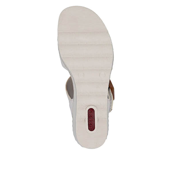 Rieker 67476-91 ladies off-white touch fastening sandals, cushioned sole, back view with red logo.