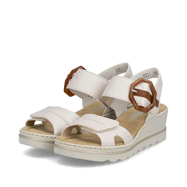 Rieker 67476-91 women's off-white touch-fastening sandals with chunky sole and tortoise-shell buckle details.