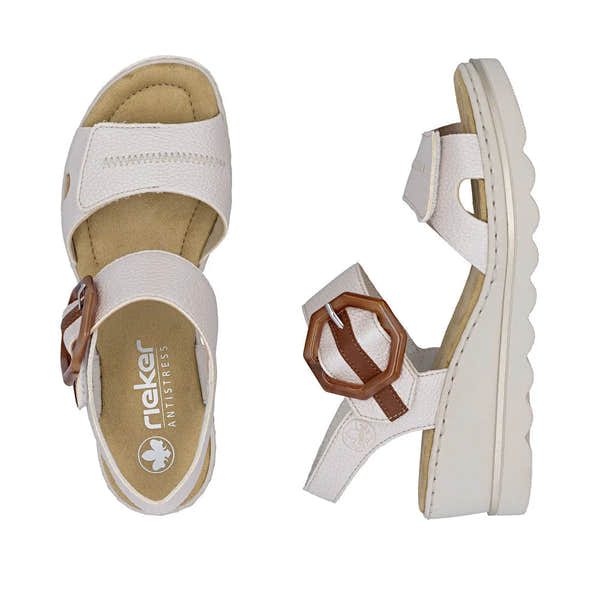 Rieker 67476-91 women's off-white touch fastening sandals with brown buckle strap and chunky sole.