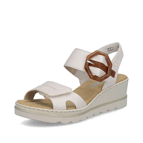 Rieker 67476-91 women's off-white touch fastening wedge sandals with wide straps and adjustable buckle.