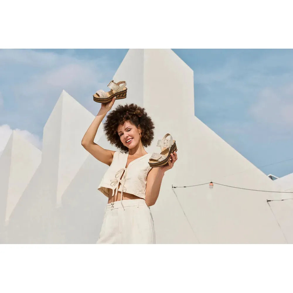 Rieker 68172-60 beige touch fastening women's sandals, stylish open-toe footwear with chunky heels and wide straps.