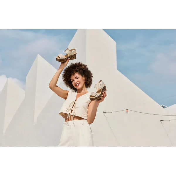 Rieker 68172-60 beige touch fastening women's sandals, stylish open-toe footwear with chunky heels and wide straps.