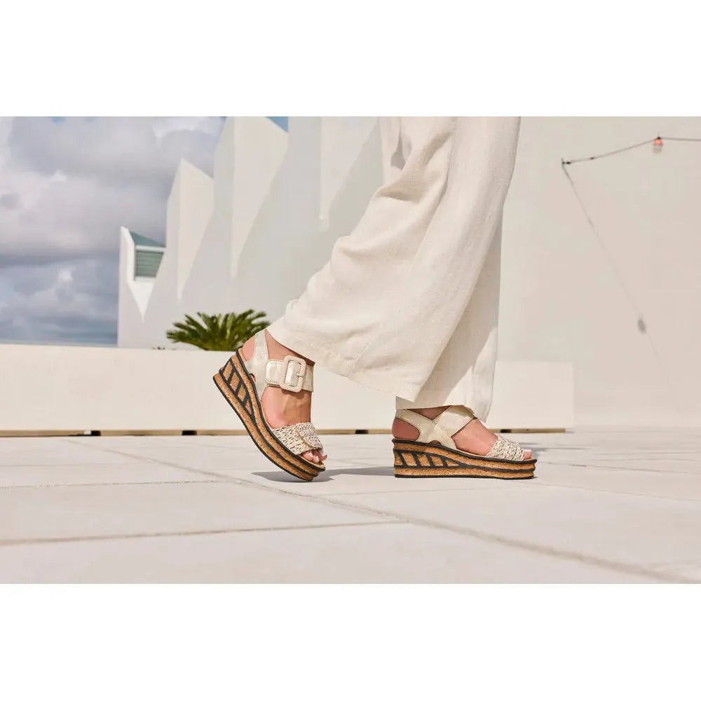 Rieker 68172-60 beige touch fastening ladies' wedge sandals with platform sole and open toe.