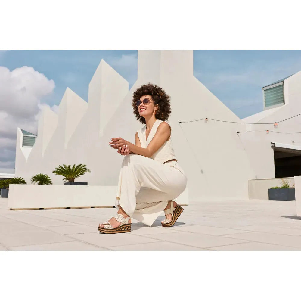 Rieker 68172-60 ladies beige touch fastening sandals, stylish open-toe wedge sandals for women, summer footwear.