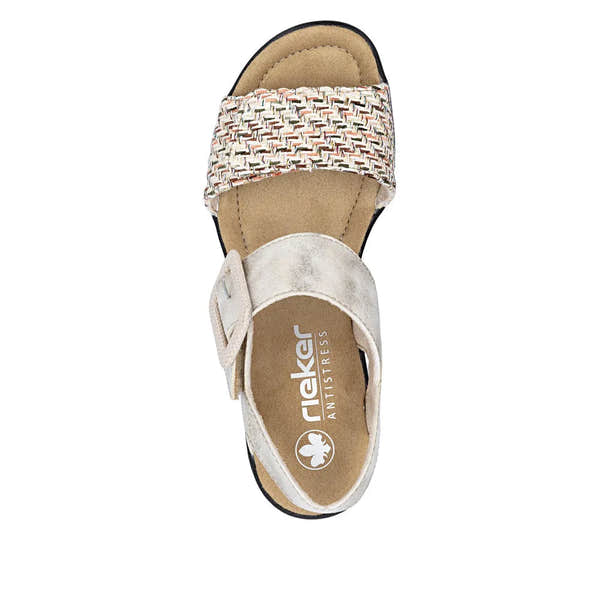 Rieker 68172-60 beige ladies touch fastening sandals with woven strap and cushioned sole.