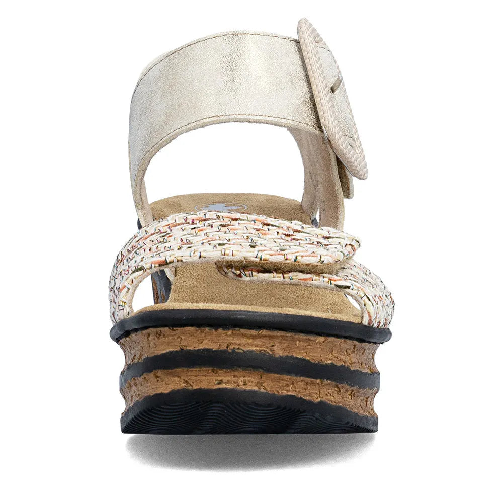 Rieker 68172-60 beige touch fastening ladies' sandal with multicolor woven straps and cork platform sole.