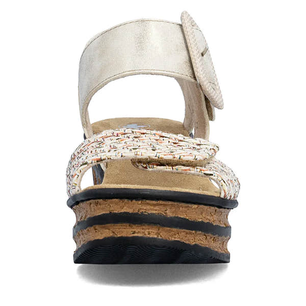 Rieker 68172-60 beige touch fastening ladies' sandal with multicolor woven straps and cork platform sole.