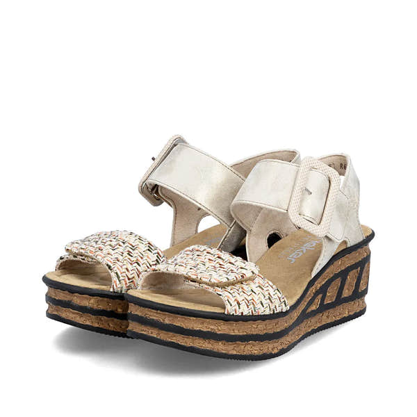 Rieker 68172-60 women's beige touch fastening platform sandals with woven front straps and chunky cork wedge sole.