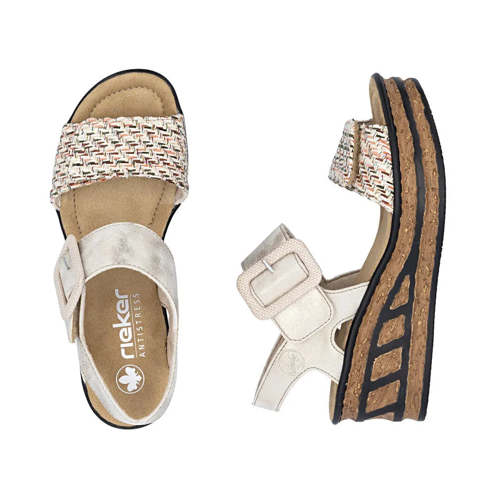Rieker 68172-60 beige ladies touch fastening sandals with woven straps and cushioned footbed.