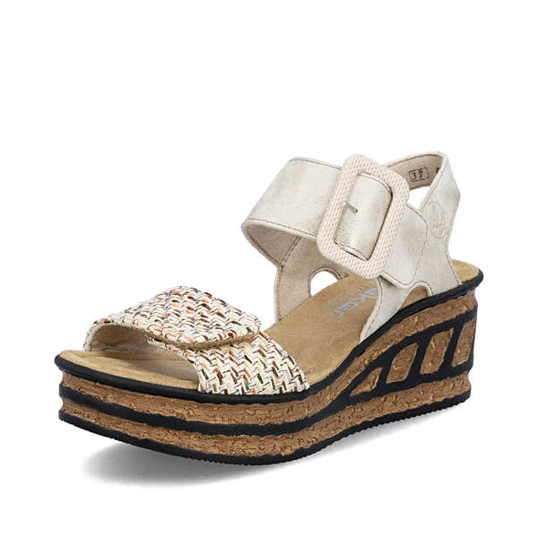 Rieker 68172-60 women's beige touch fastening wedge sandals with braided front strap and cork platform sole.