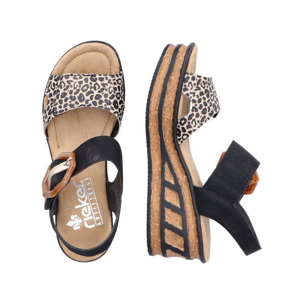 Rieker 68176-00 Ladies Black & Leopard Print Synthetic Touch Fastening Sandals-elevate your sole