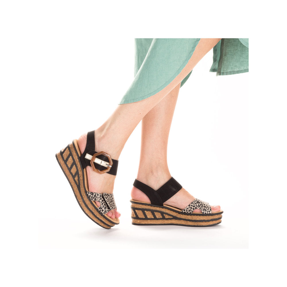 Rieker 68176-00 Ladies Black & Leopard Print Synthetic Touch Fastening Sandals-elevate your sole
