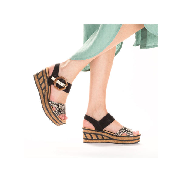 Rieker 68176-00 Ladies Black & Leopard Print Synthetic Touch Fastening Sandals-elevate your sole