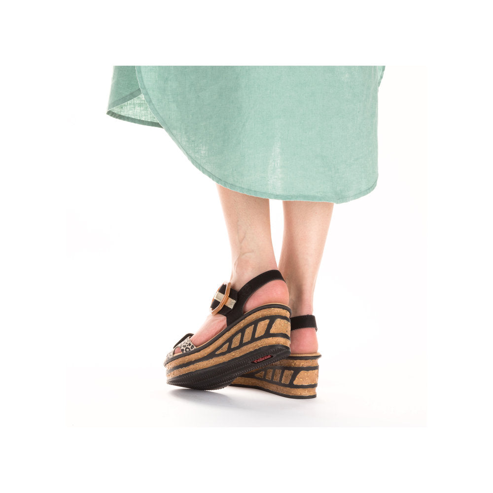 Rieker 68176-00 Ladies Black & Leopard Print Synthetic Touch Fastening Sandals-elevate your sole