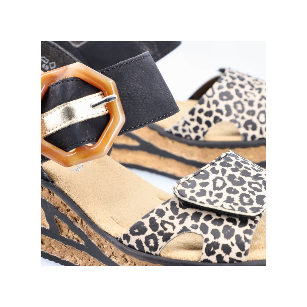 Rieker 68176-00 Ladies Black & Leopard Print Synthetic Touch Fastening Sandals-elevate your sole