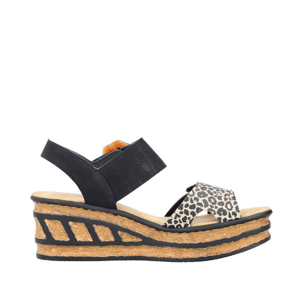 Rieker 68176-00 Ladies Black & Leopard Print Synthetic Touch Fastening Sandals-elevate your sole