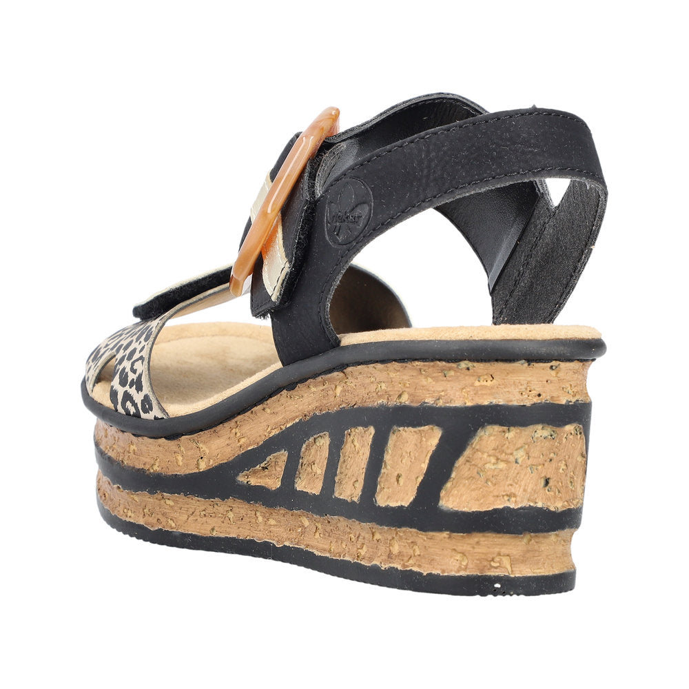 Rieker 68176-00 Ladies Black & Leopard Print Synthetic Touch Fastening Sandals-elevate your sole