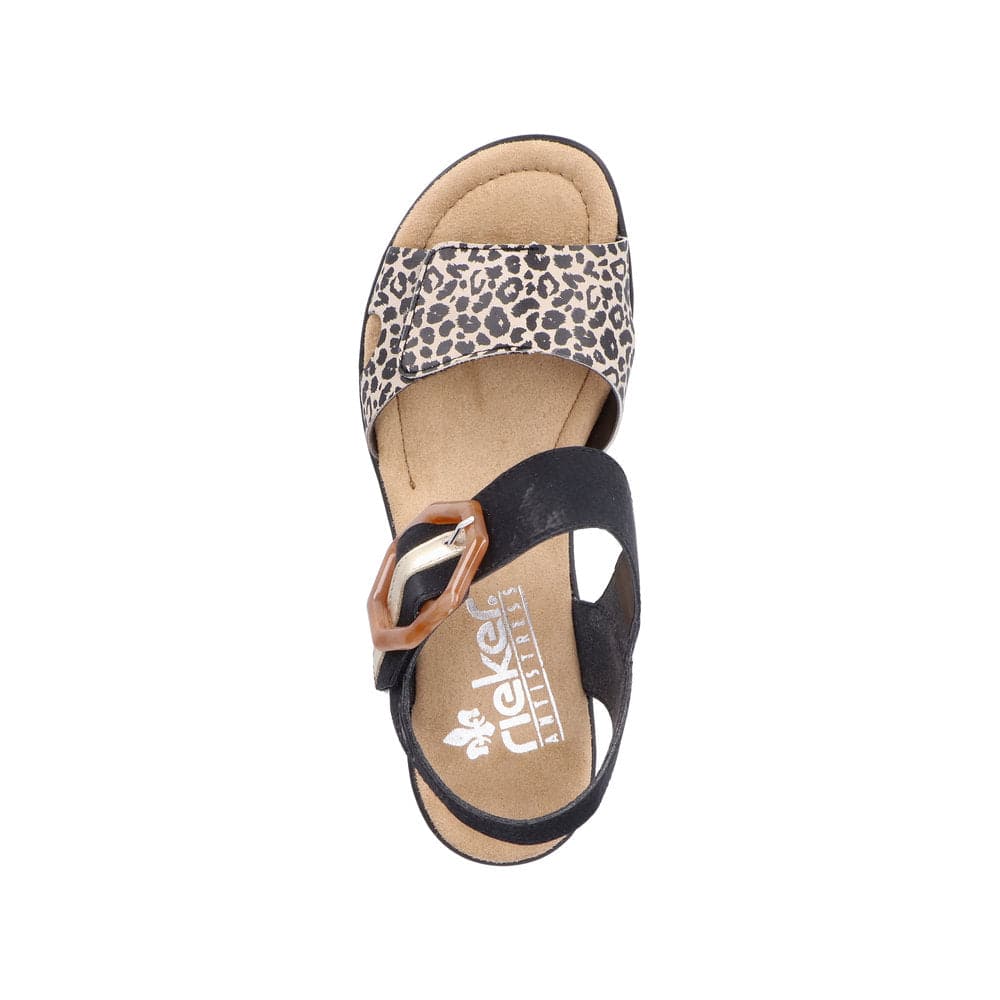 Rieker 68176-00 Ladies Black & Leopard Print Synthetic Touch Fastening Sandals-elevate your sole