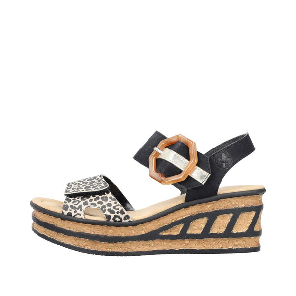 Rieker 68176-00 Ladies Black & Leopard Print Synthetic Touch Fastening Sandals-elevate your sole