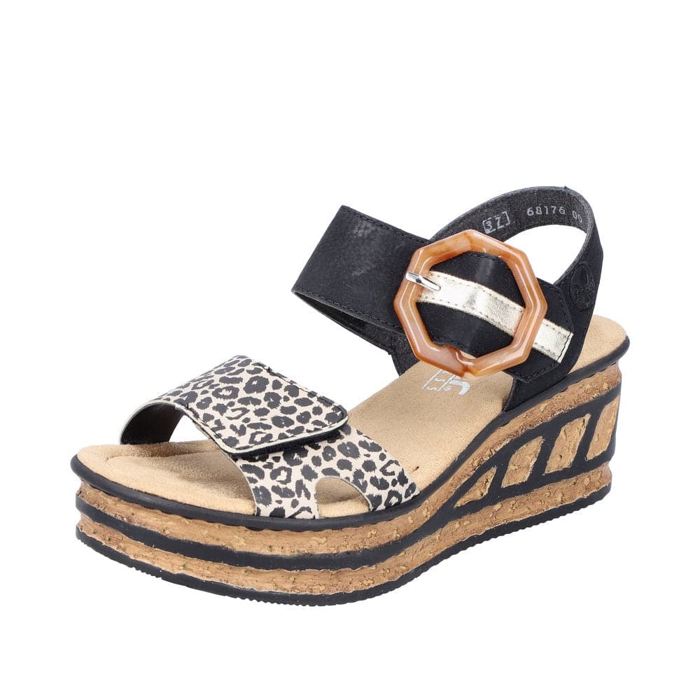Rieker 68176-00 Ladies Black & Leopard Print Synthetic Touch Fastening Sandals-elevate your sole