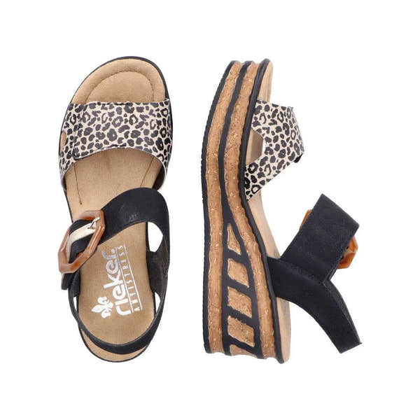 Rieker 68176-00 Ladies Black & Leopard Print Synthetic Touch Fastening Sandals-elevate your sole