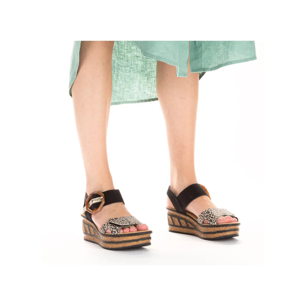 Rieker 68176-00 Ladies Black & Leopard Print Synthetic Touch Fastening Sandals-elevate your sole