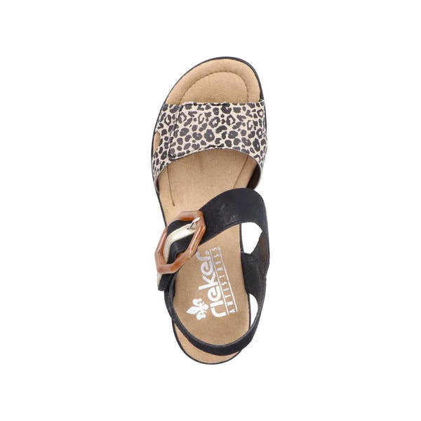 Rieker 68176-00 Ladies Black & Leopard Print Synthetic Touch Fastening Sandals-elevate your sole
