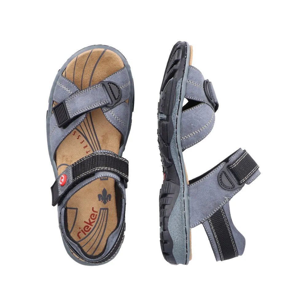 Rieker 68851-14 women's blue touch fastening sandals with adjustable straps and rubber sole.