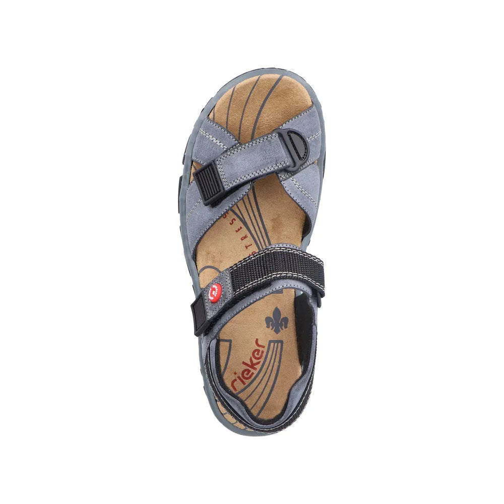 Rieker 68851-14 ladies blue touch fastening sandals with adjustable straps and cushioned insole.