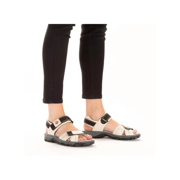 Rieker 68851-80 ladies ivory touch fastening sandals with black straps, open-toe design, and durable outsole.