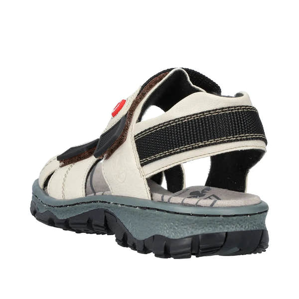 Rieker 68851-80 women's ivory touch fastening sporty sandals with black and brown accents, cushioned sole, and breathable straps.