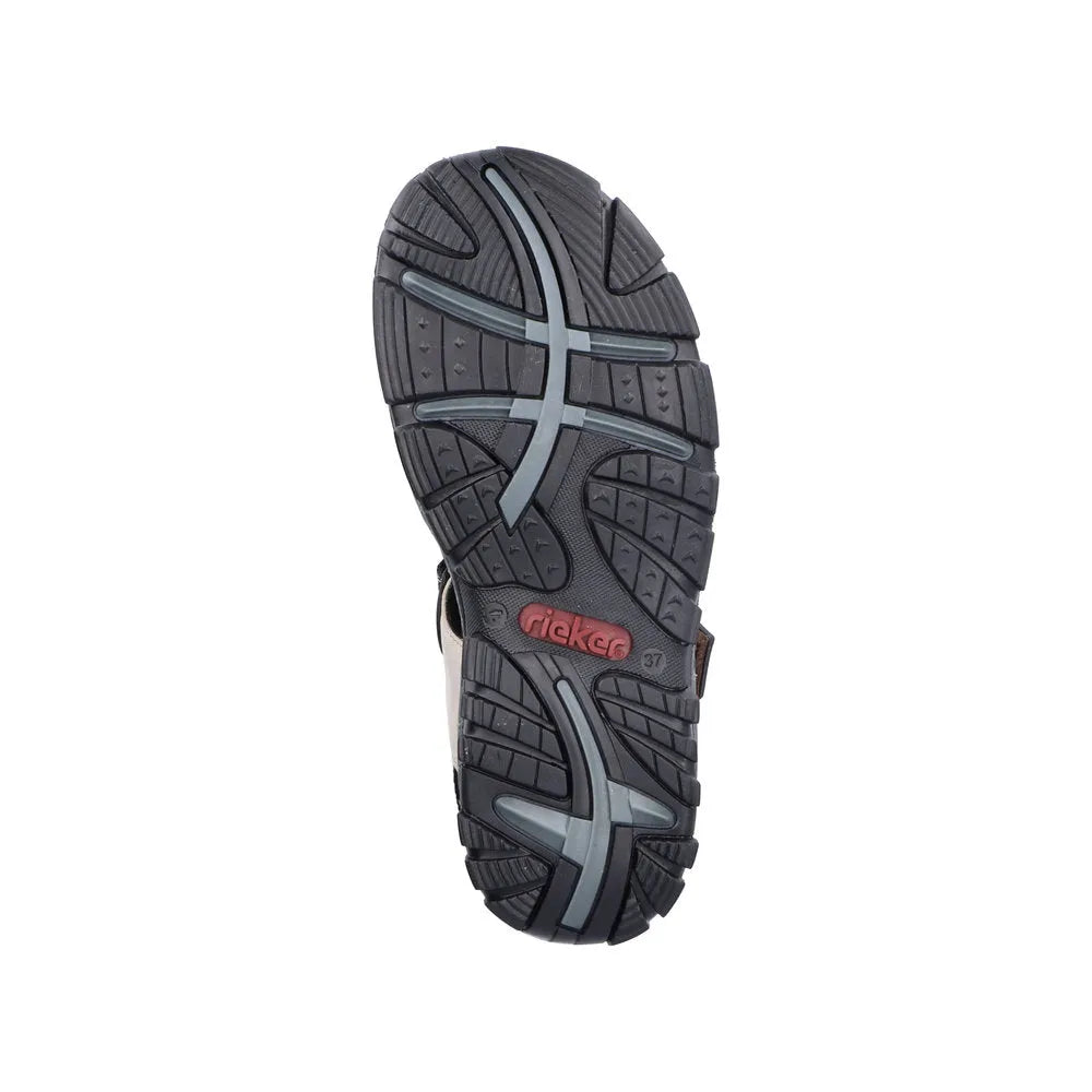 Rieker 68851-80 ladies ivory touch fastening sandals with cushioned sole and adjustable straps, outsole design for grip.