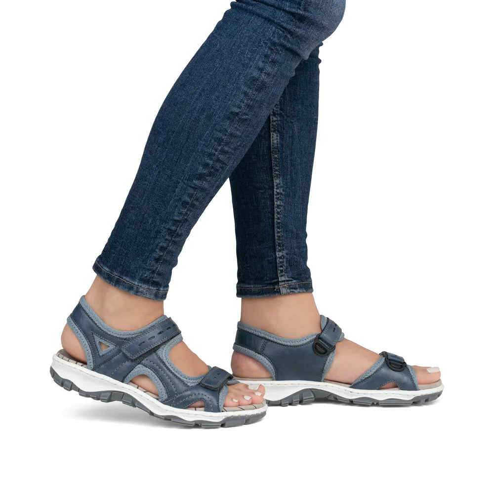 Rieker 68866-12 ladies navy blue touch fastening sandals with open toes and ankle straps.
