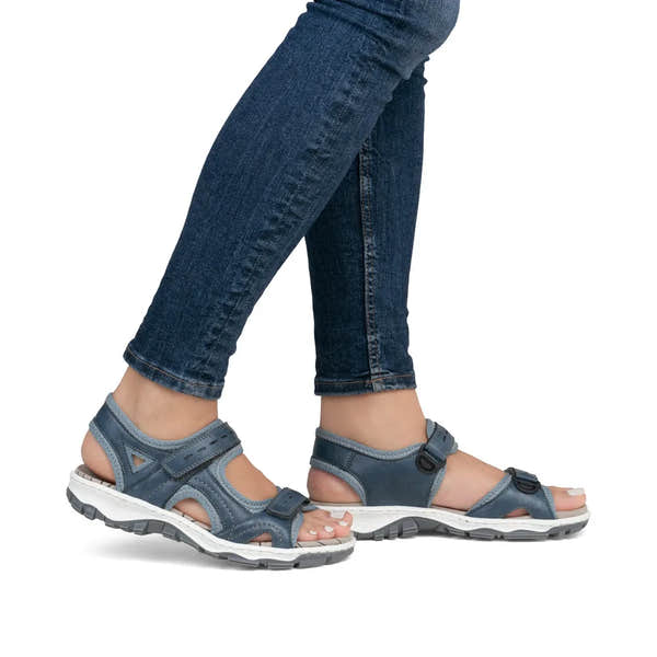 Rieker 68866-12 ladies navy blue touch fastening sandals with open toes and ankle straps.