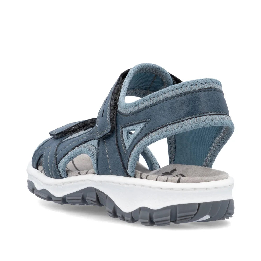 Rieker 68866-12 women's navy blue touch fastening sandals with cushioned footbed and rugged sole.