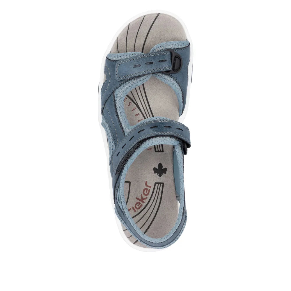 Rieker 68866-12 Ladies blue touch fastening sandals with adjustable straps and cushioned footbed.