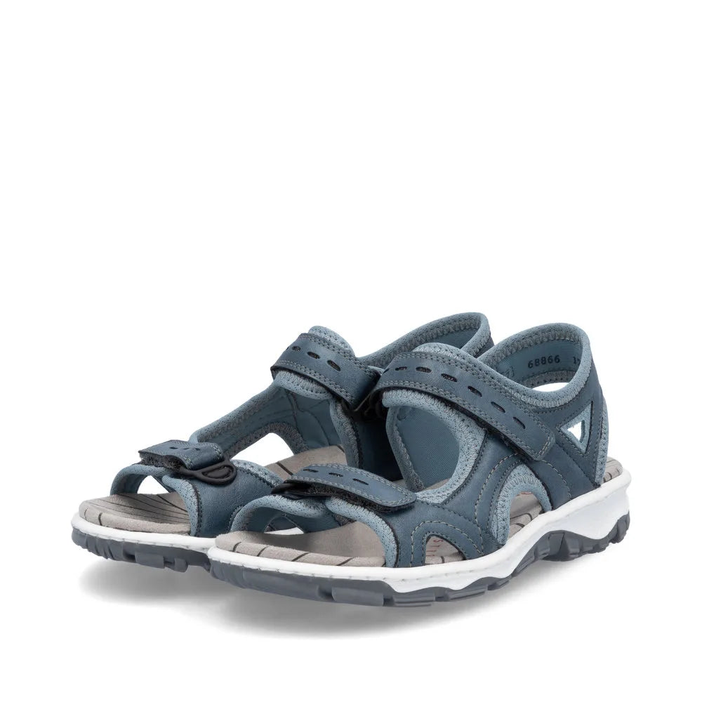Rieker 68866-12 women's navy blue touch fastening sandals with adjustable straps and cushioned footbed.