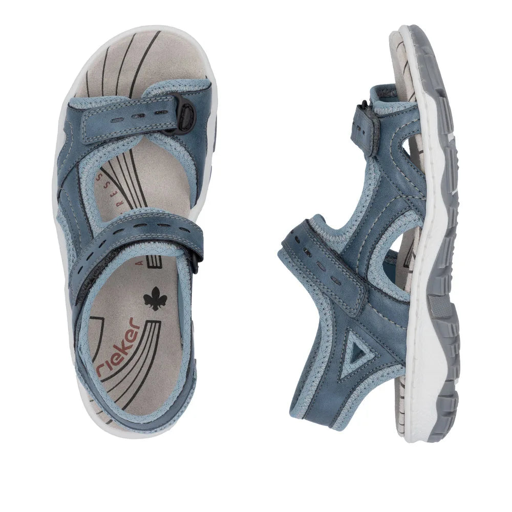 Rieker 68866-12 ladies blue touch fastening sandals with open-toe design and cushioned insole.