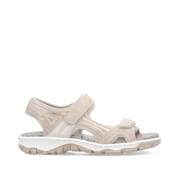 Rieker 68866-31 pink touch fastening sandals with open toe, adjustable straps, and durable rubber sole.